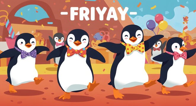 Group of penguins dancing together with bowties celebrating &ldquo;FriYAY&rdquo; at a party on a snowy landscape with colorful decorations