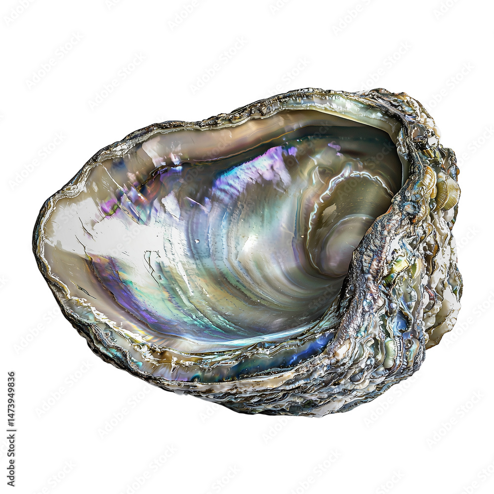 Poster a beautifully iridescent shell with intricate textures and swirls, showcasing natural colors and pat