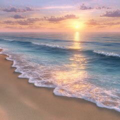 Serene Ocean Sunset Golden Light on Sandy Beach