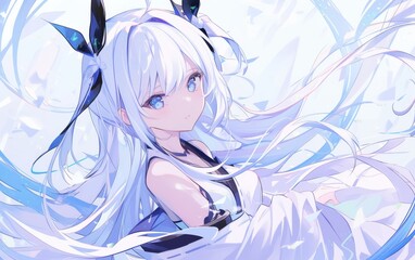 躍動感あふれる白髪の美少女キャラクター・アニメスタイルのファンタジーイラスト