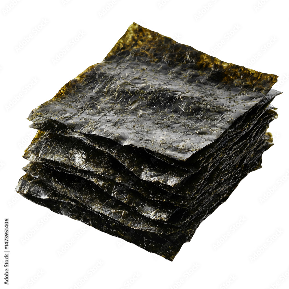Poster layers of dark, textured seaweed stacked neatly together. isolated on white background and transpare