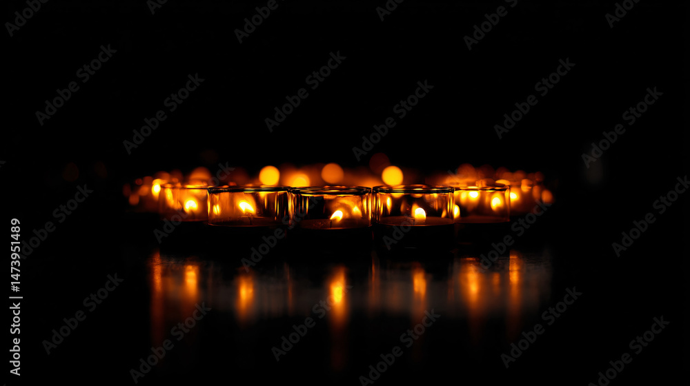 Poster a series of glowing candles arranged in a circular pattern on a dark background, creating a warm amb