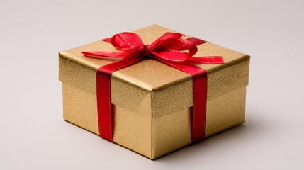 Fototapeta premium Golden gift box with red ribbon, symbolizing luxury and celebration