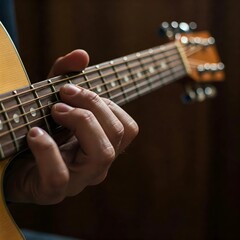 Close-up of a guitar in the hands of a musician. Copy space