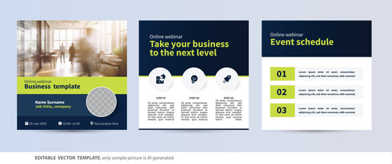 agenda event schedule background text layout, planner timetable  daily monthly information template, social media carousel post, square brochure booklet flyer green blue ad