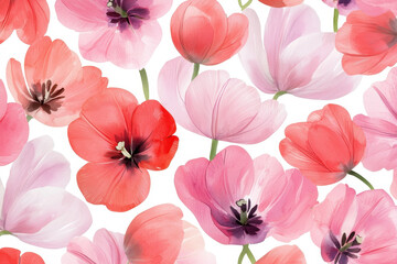 Beautiful watercolor floral pattern featuring pink and red flowers, creating vibrant and cheerful atmosphere