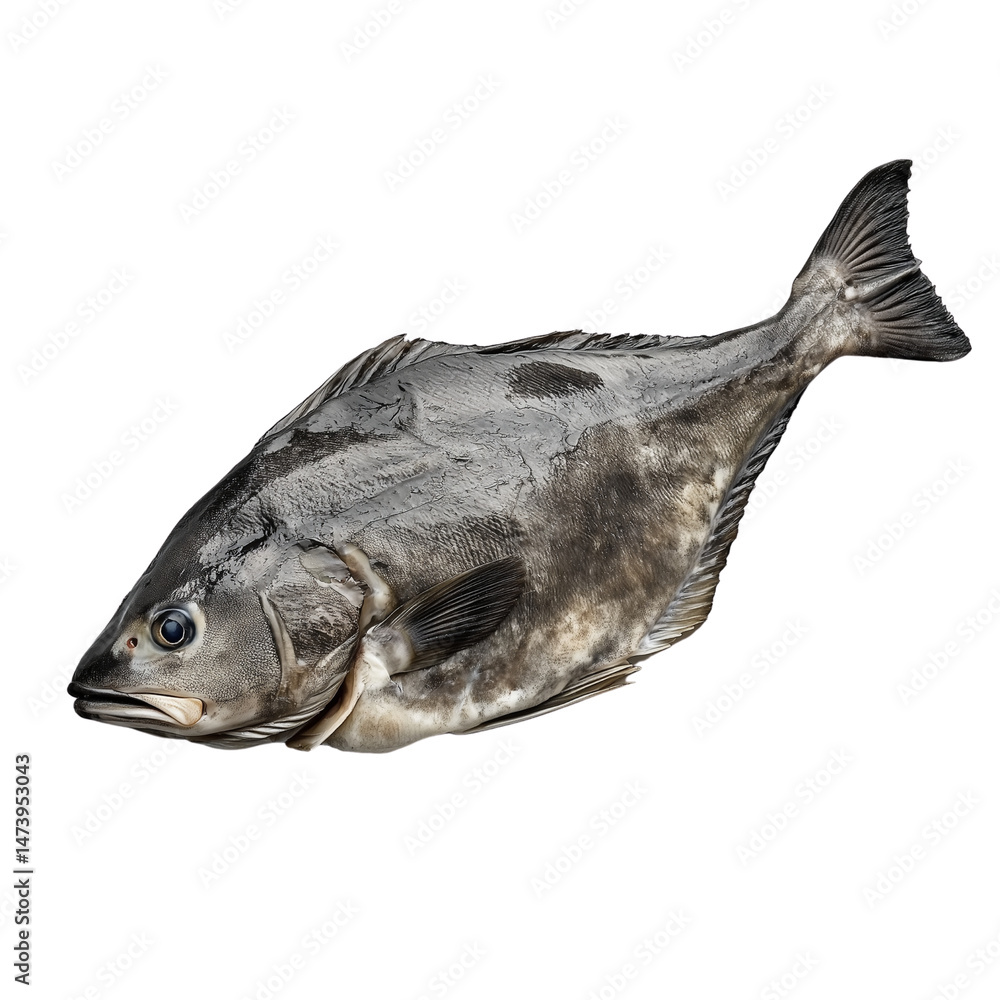Poster halibut fish with detailed scale texture and distinct features, swimming in a graceful position. iso