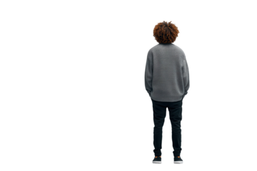Rear view of young person in gray sweatshirt and black pants, isolated on transparent background