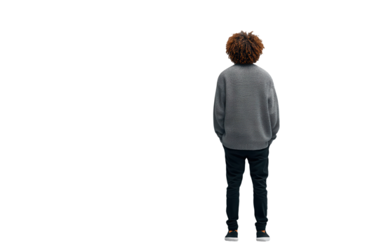 Rear view of young person in gray sweatshirt and black pants, isolated on transparent background