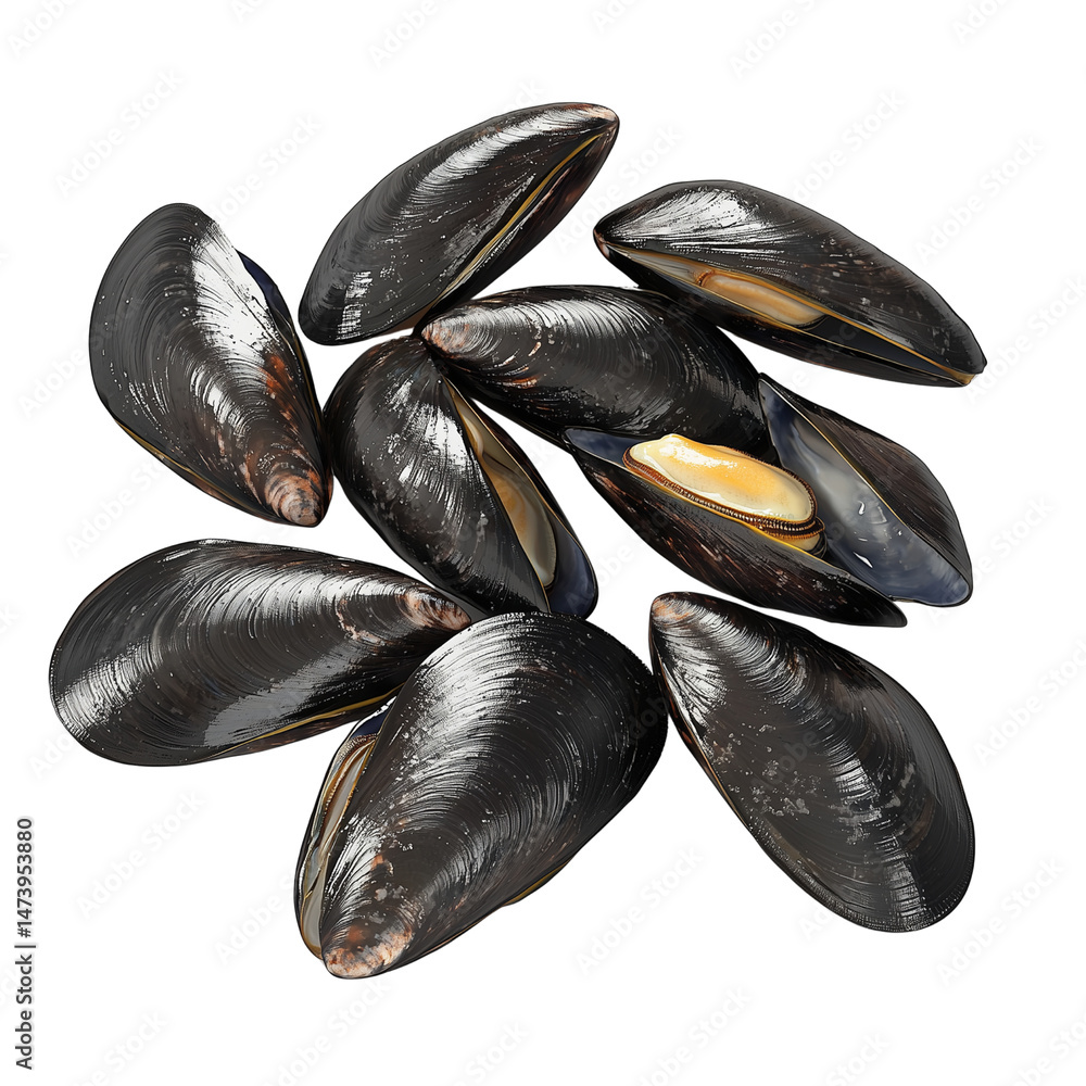 Poster mussels displayed in various orientations, showcasing their glossy shells and inner meat. isolated o