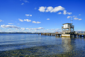 View of the pier and the Baltic Sea near Glücksburg. Landscape on the Flensburg Fjord.
