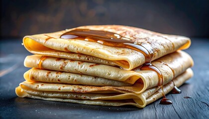 Delicious Golden Brown Crepes Stacked High with Drizzled Sweet Honey Syrup