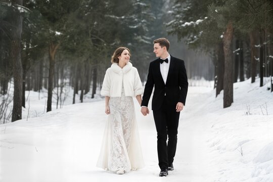 young couple newlyweds walking in a winter forest in the snow bride and groom hugging in the park in winter beautiful man and woman in their wedding clothes are among the pines concept gelin ve damat