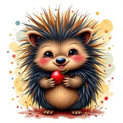a playful cartoon porcupine with quills holding a berry watercolor splashes white background