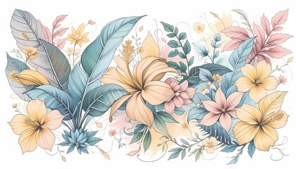 A vibrant and artistic floral design featuring a profusion of pastel-colored flowers and tropical leaves.