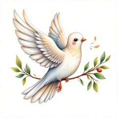Fototapeta premium a playful cartoon dove with an olive branch flying watercolor effect white background