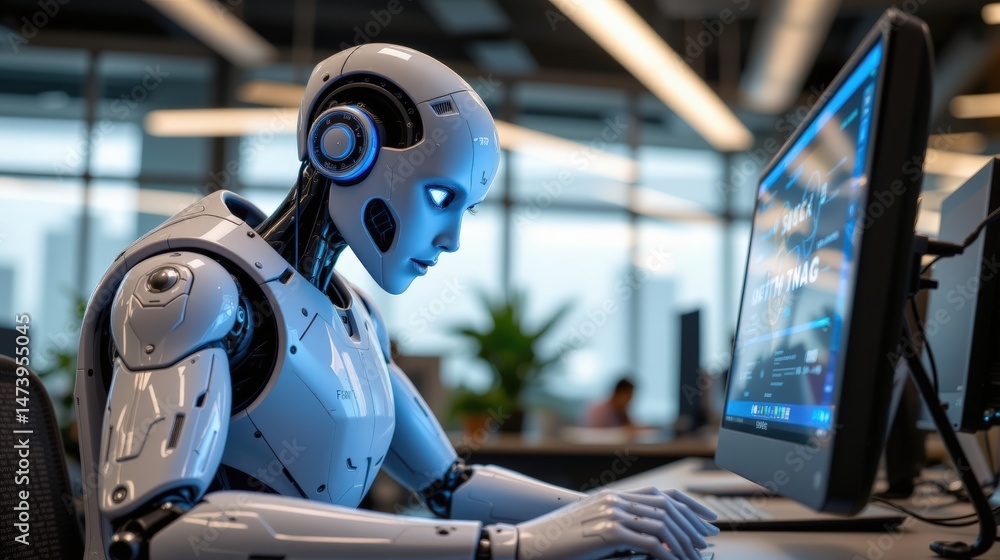 Poster futuristic robot interacts with a sleek computer screen in a modern office, showcasing advanced tech