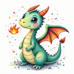 Fototapeta premium a whimsical cartoon dragon with tiny wings breathing a small flame watercolor splatter white background