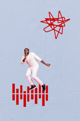 Poster banner collage of young man walking with shh gesture on grey background with music notes