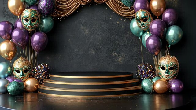 Festive masquerade backdrop with vibrant masks and decorative balloons for a celebration event