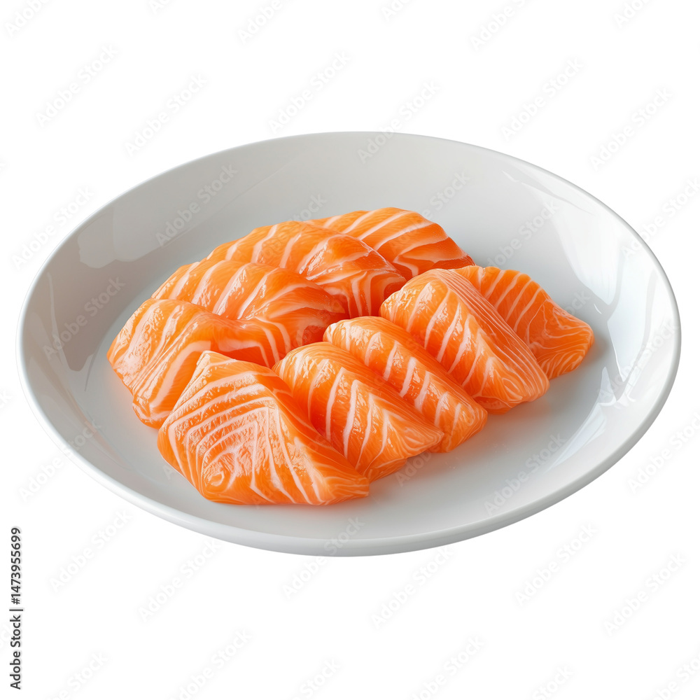 Poster sliced salmon arranged neatly on a white plate. isolated on white background and transparent backgro