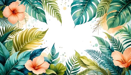 Tropical Floral Arrangement with Vibrant Leaves and Flowers. This vibrant and colorful image showcases a beautiful arrangement of tropical flowers and leaves.