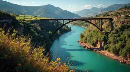 Fototapeta premium Sunlit cliffs and winding river of Hoces del Alto Ebro y Rudron viewed from above at midday.