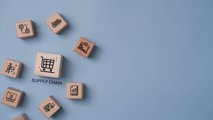 Supply Chain Management concept. Wooden blocks supply chain icons, Data for global logistics network, efficiency, optimization, integration. Cargo ships, containers, industrial trucks