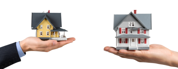 Hand holding a model house, isolated on a transparent background