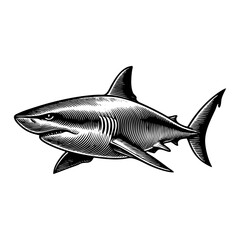 Obraz premium Shark engraving black and white outline. Scratch board imitation. illustrated in vintage line art style on a white background.