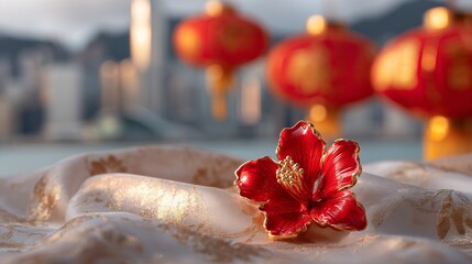 Close-up of a red bauhinia brooch on silk, golden light on petals, festive city backdrop - celebrating Hong Kong's establishment day with elegance.