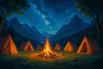 Majestic Mountain Campfire Night Scene Peaceful Camping Tents Under Starry Sky Tranquil Nature Landscape Digital Painting Illustration Serene Wilderness Adventure Campsite Nighttime View Art Dark Blue