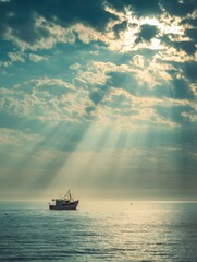 Obraz premium Fishing Boat Sails Through Calm Sea Under a Radiant Sky With Sunbeams Piercing Clouds at Dawn