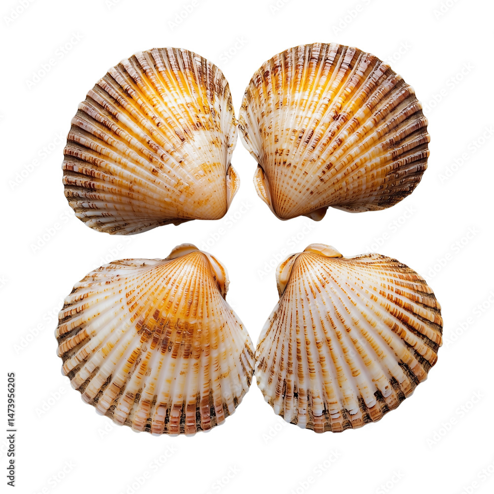 Poster four beautifully patterned seashells arranged symmetrically. isolated on white background and transp