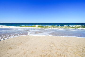 Landscape on the beach between Wenningstedt and Kampen on the Frisian island of Sylt. View of the North Sea and the surrounding nature.
