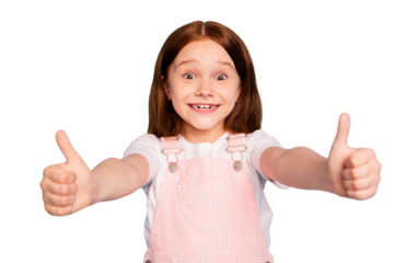 Portrait of amazed cute kid show thumb-up good excellent advice trendy isolated blue background