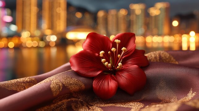 Close-up of a red bauhinia brooch on silk, golden light on petals, festive city backdrop - celebrating Hong Kong's establishment day with elegance.