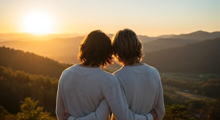 Couple Embracing, Watching Sunset Over Mountain Range