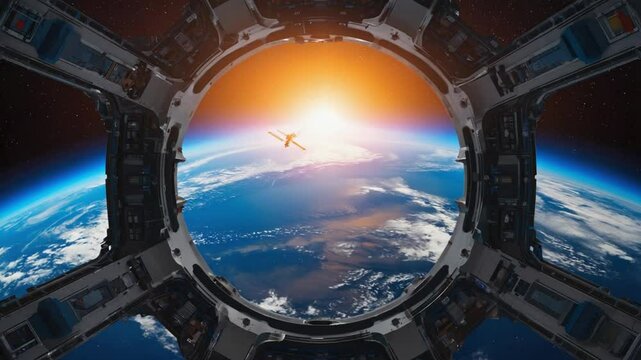 Viewing Planet from Spaceship Window with Spacecraft in Sunlight