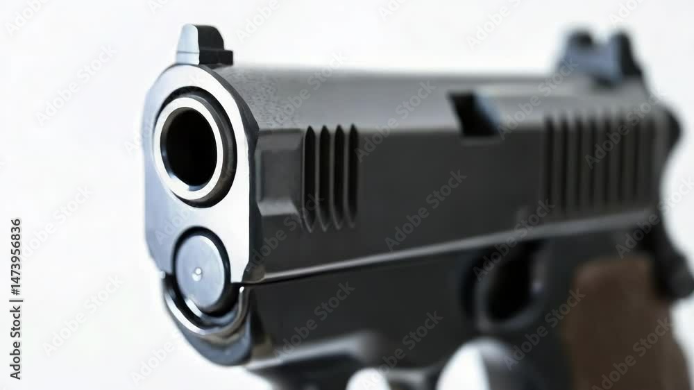 Poster a close-up shot of a gun on a white background, perfect for use in editorial or advertising content