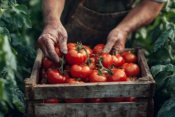 Farmer harvesting fresh ripe tomatoes in a wooden crate on a farm
