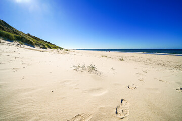 Landscape on the beach between Wenningstedt and Kampen on the Frisian island of Sylt. View of the North Sea and the surrounding nature.
