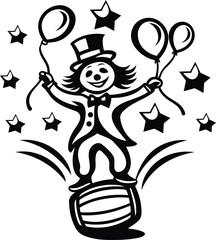 A cute cartoon style performer in a top hat balancing on a barrel vector illustration, performer in a top hat balancing on a barrel silhouette and line art vector design
