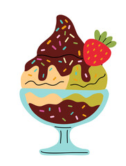 Cartoon flat vector illustration of sundae ice cream dessert. Bowl with scoops, chocolate sauce, sprinkles, and strawberry on top. Colorful sweet food icon isolated on transparent background