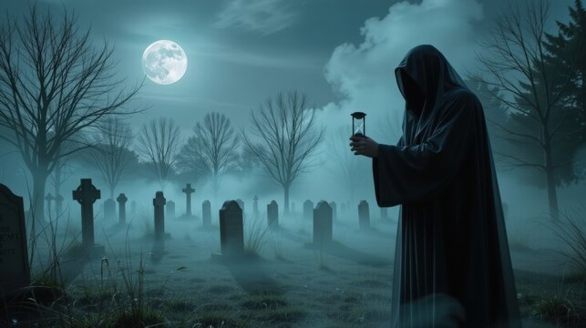 Eerie cloaked figure in graveyard mist holding hourglass under moonlight, symbol of time slipping away.