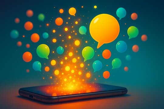 Vibrant Colorful Speech Bubbles Emerging from Smartphone Digital Communication Technology Social Media Network Online Messaging App Interface Bright Glow Sparkling Light Effects Modern Design         