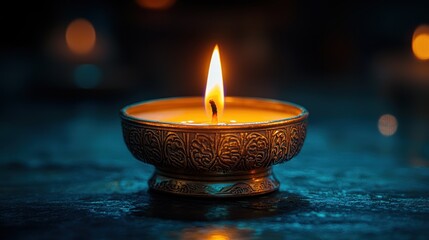 Single candle in ornate metal bowl, warm light against dark background