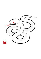 八の字にとぐろを巻いている縁起の良い白蛇のイラスト 墨絵風でお洒落な巳年の年賀状素材