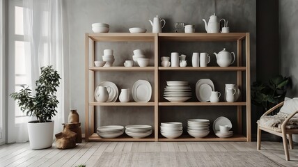 Minimalistic. Cozy light home style. Scandinavian interior. Dishes on white shelves.