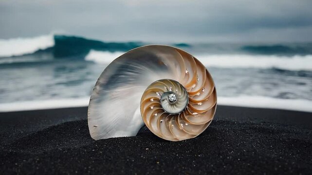 Nautilus shell on dark sand